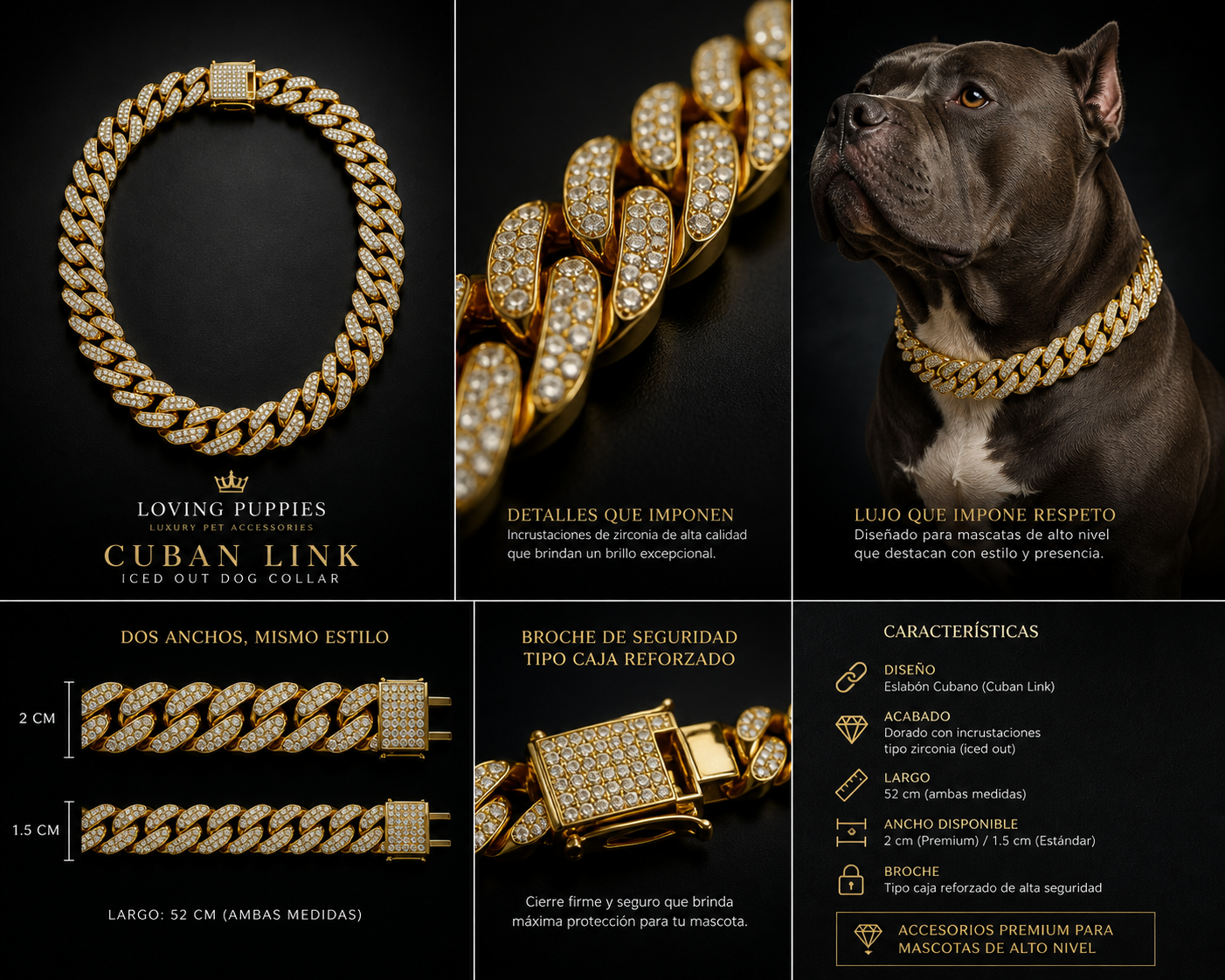 COLLAR PARA MASCOTA TIPO CUBAN LINK ICED OUT – ACABADO DORADO
